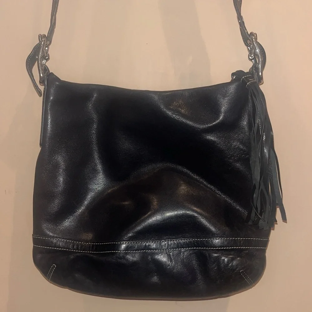 Coach crossbody boho styled black leather bag with adjustable strap, OS